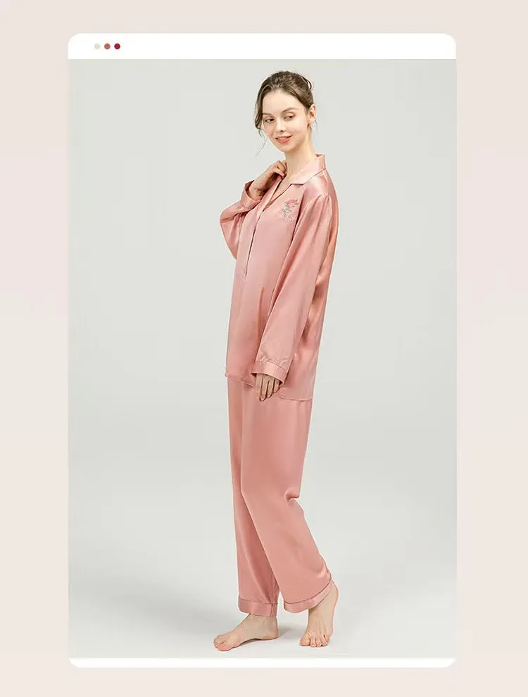 100% Pure Mulberry Silk Pajamas for Women,One Color,Embroidery Design，Ultra Soft Smooth Pajamas