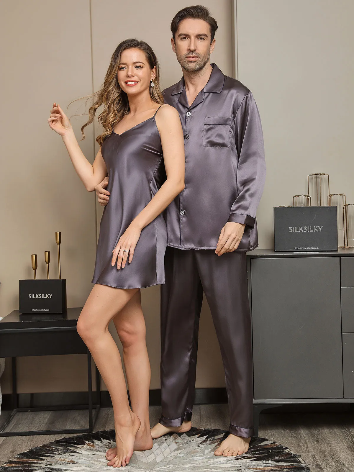 3Pcs Pure Silk Mens & Womens Couple Pajamas