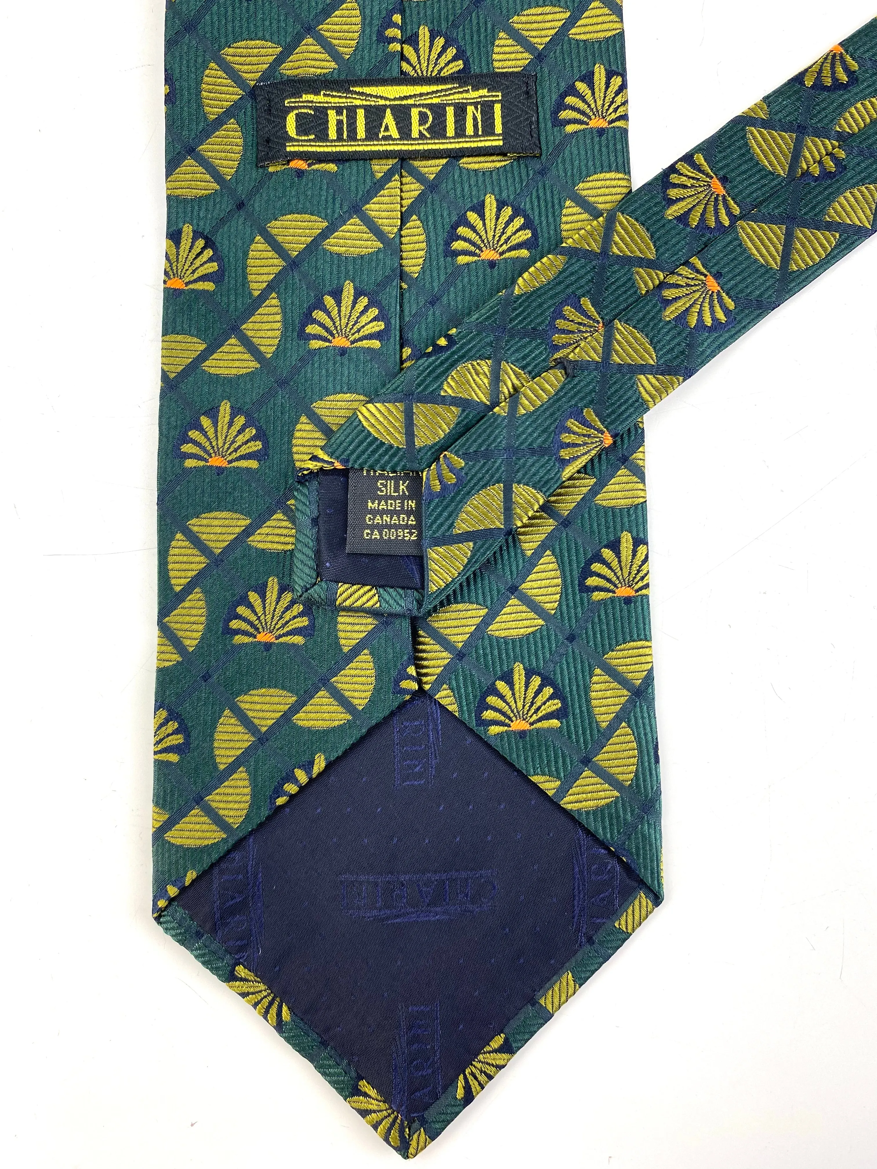 90s Deadstock Silk Necktie, Men's Vintage Green Lattice Art Deco Fan Pattern Tie, NOS