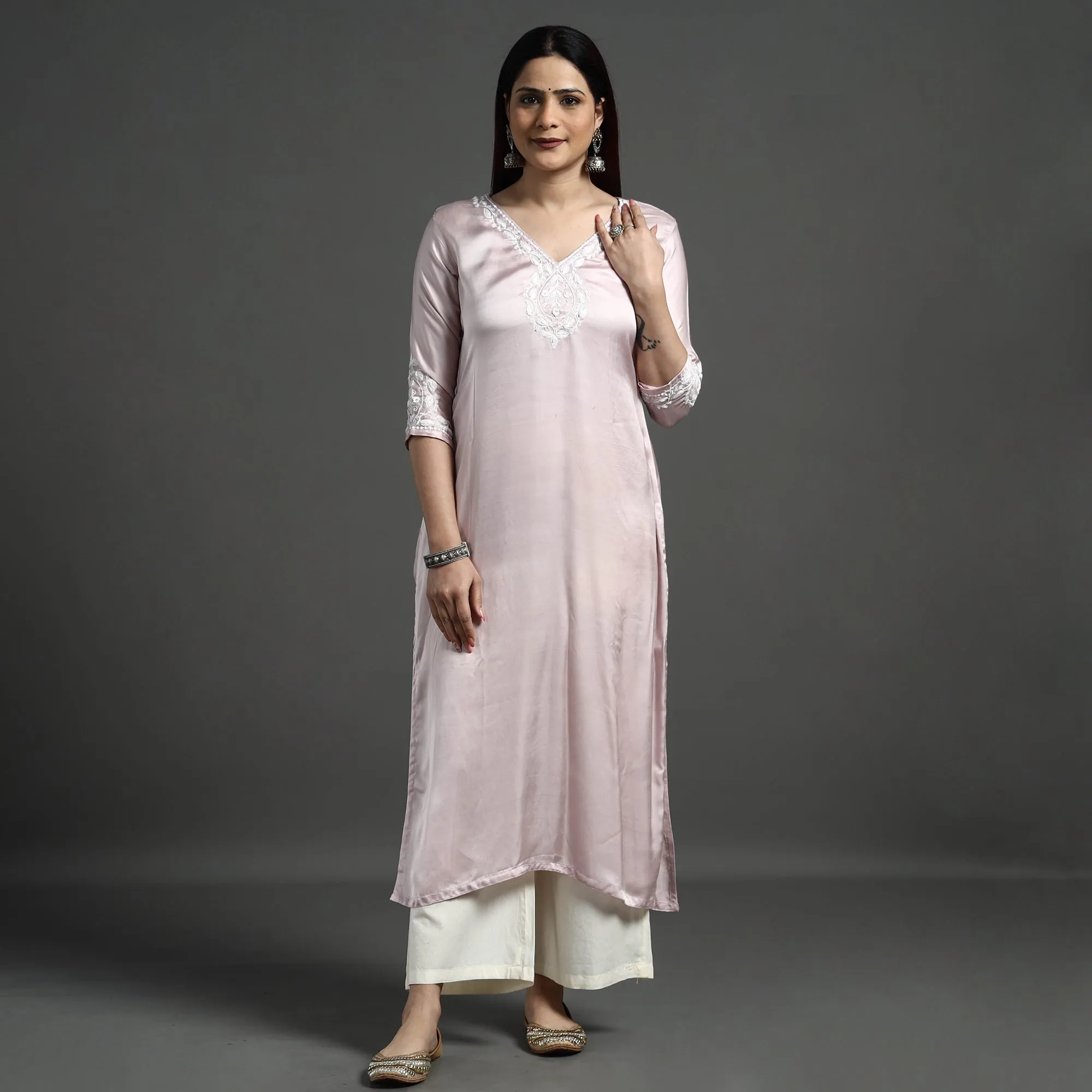 Baby Pink - Modal Silk Noori Hand Embroidery Long Straight Kurta