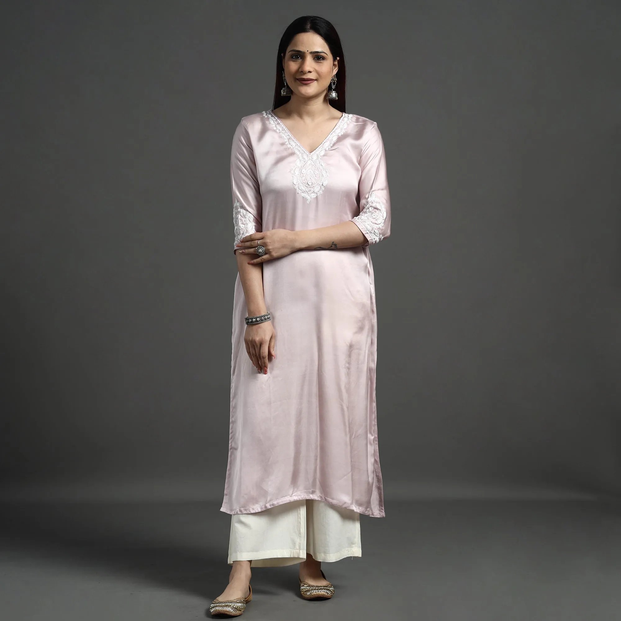 Baby Pink - Modal Silk Noori Hand Embroidery Long Straight Kurta