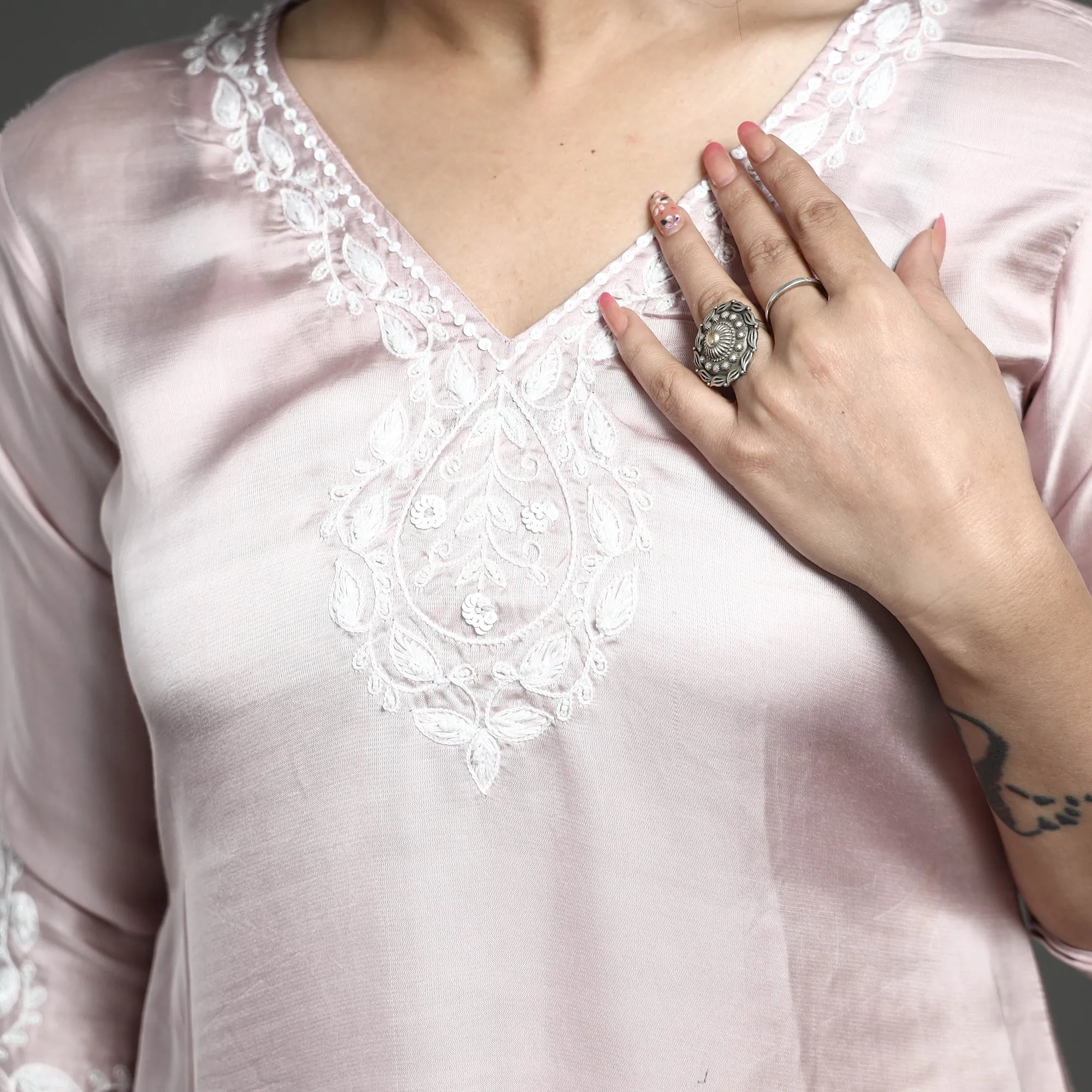 Baby Pink - Modal Silk Noori Hand Embroidery Long Straight Kurta