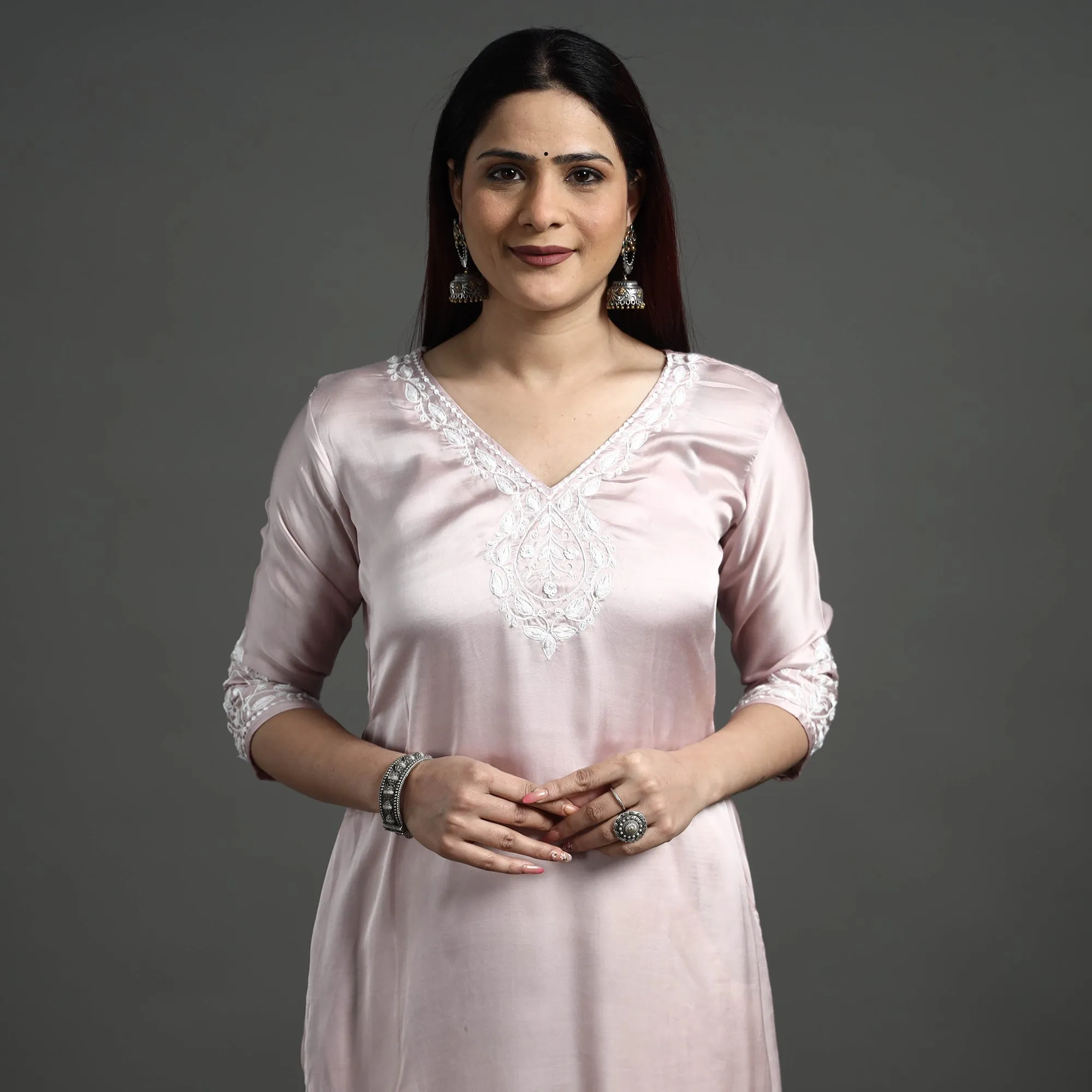 Baby Pink - Modal Silk Noori Hand Embroidery Long Straight Kurta