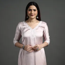 Baby Pink - Modal Silk Noori Hand Embroidery Long Straight Kurta