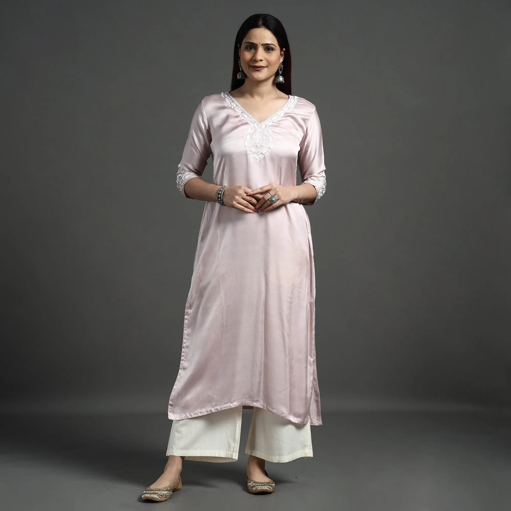 Baby Pink - Modal Silk Noori Hand Embroidery Long Straight Kurta