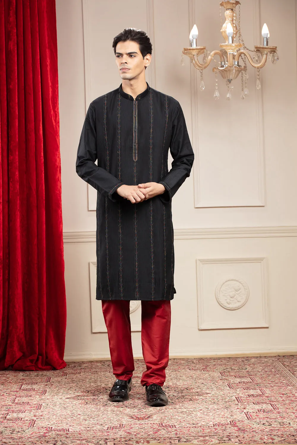 Black Full Sleeves Kurta With Thread Work & Red Pajama