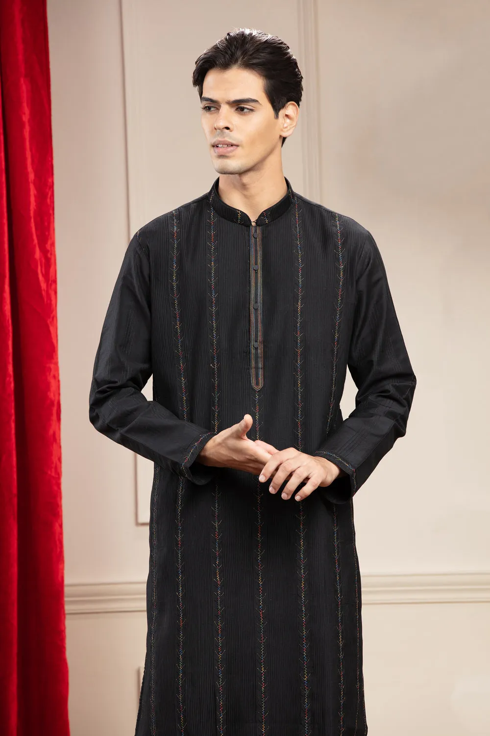 Black Full Sleeves Kurta With Thread Work & Red Pajama