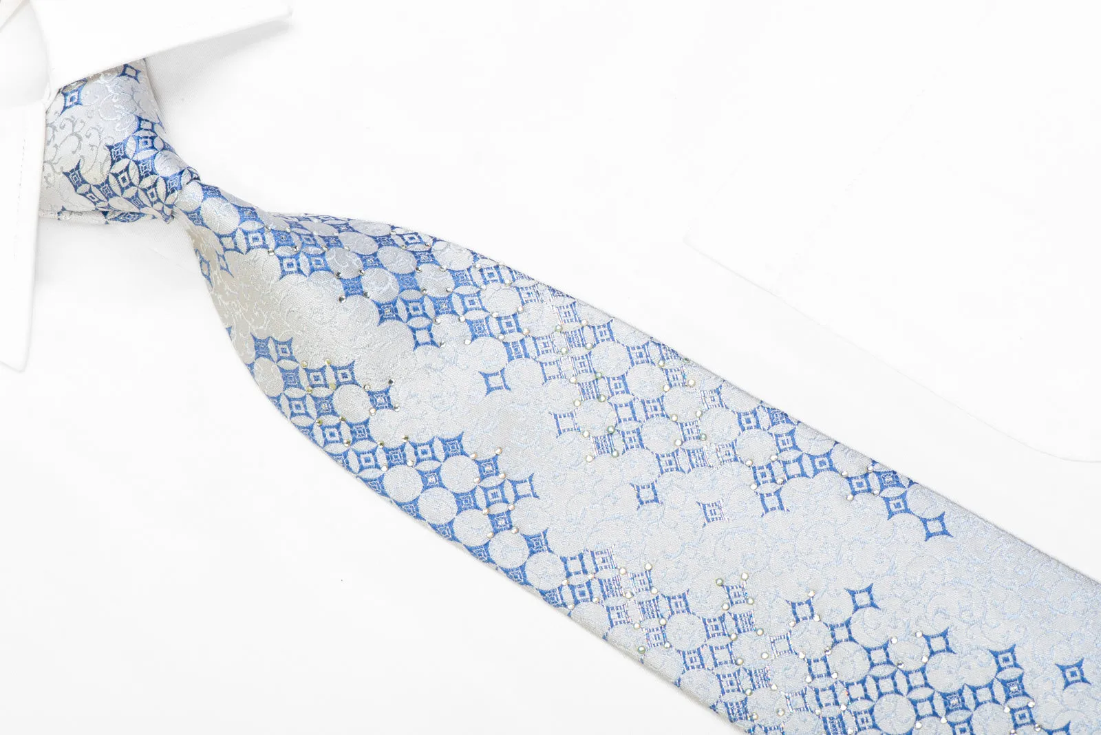 Blue Geometric & Scrolls On White Silk Rhinestone Tie With Sparkles