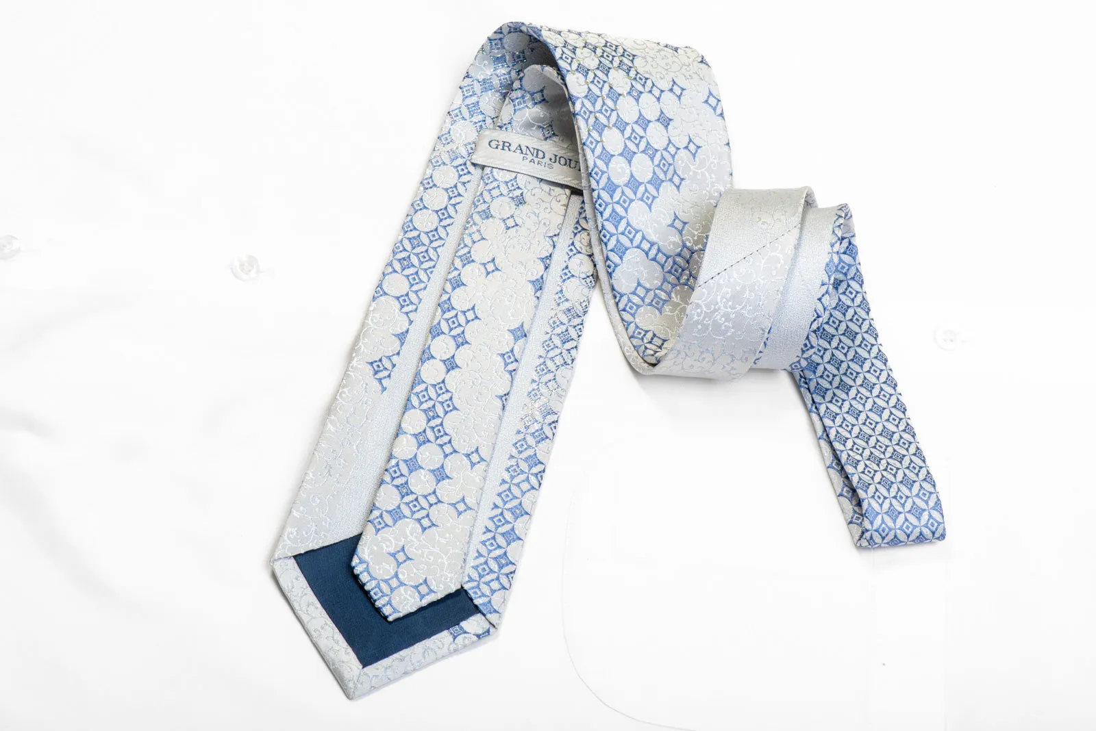 Blue Geometric & Scrolls On White Silk Rhinestone Tie With Sparkles