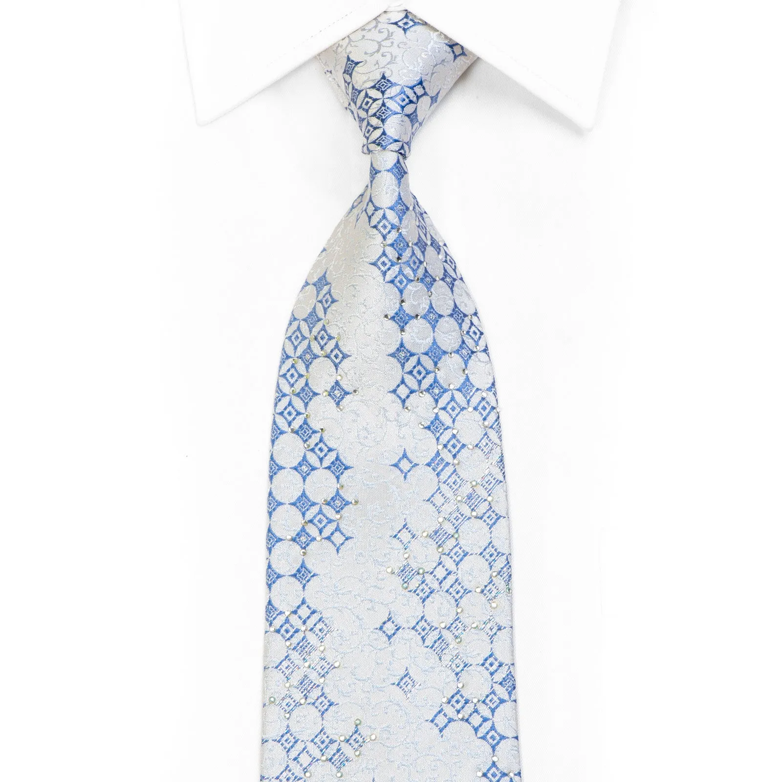 Blue Geometric & Scrolls On White Silk Rhinestone Tie With Sparkles