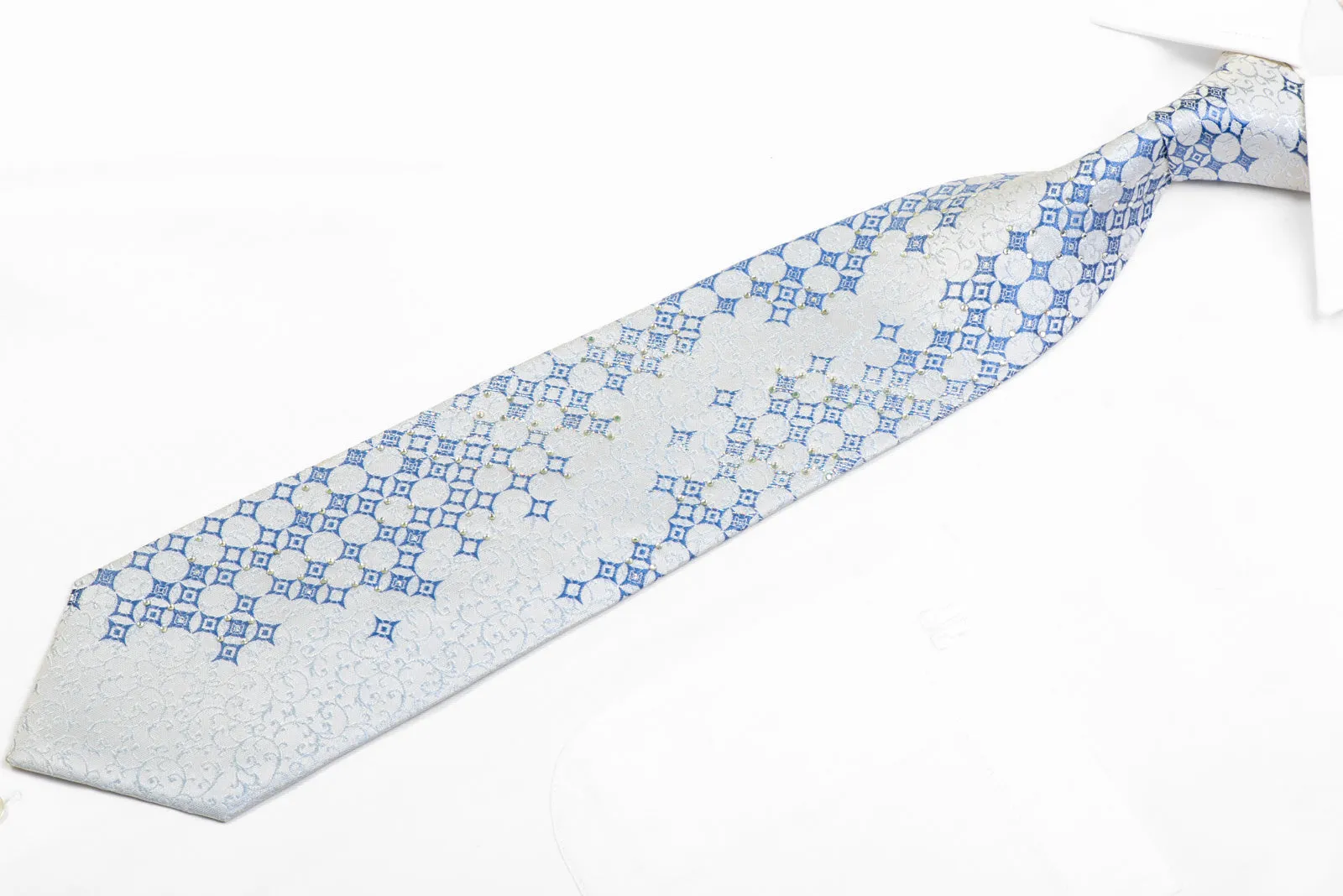 Blue Geometric & Scrolls On White Silk Rhinestone Tie With Sparkles