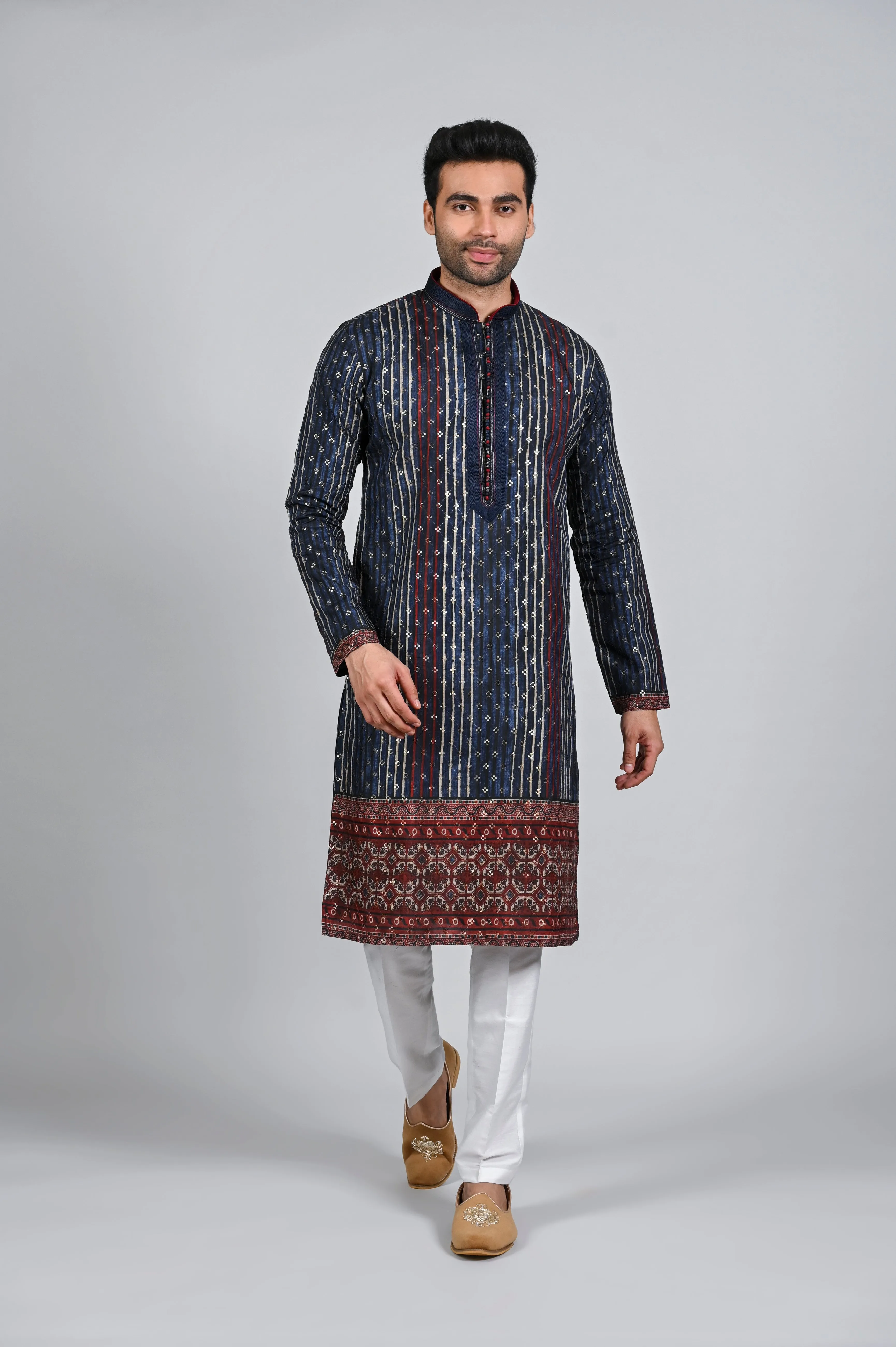 Blue Silk Kurta Pajama with Daman Print