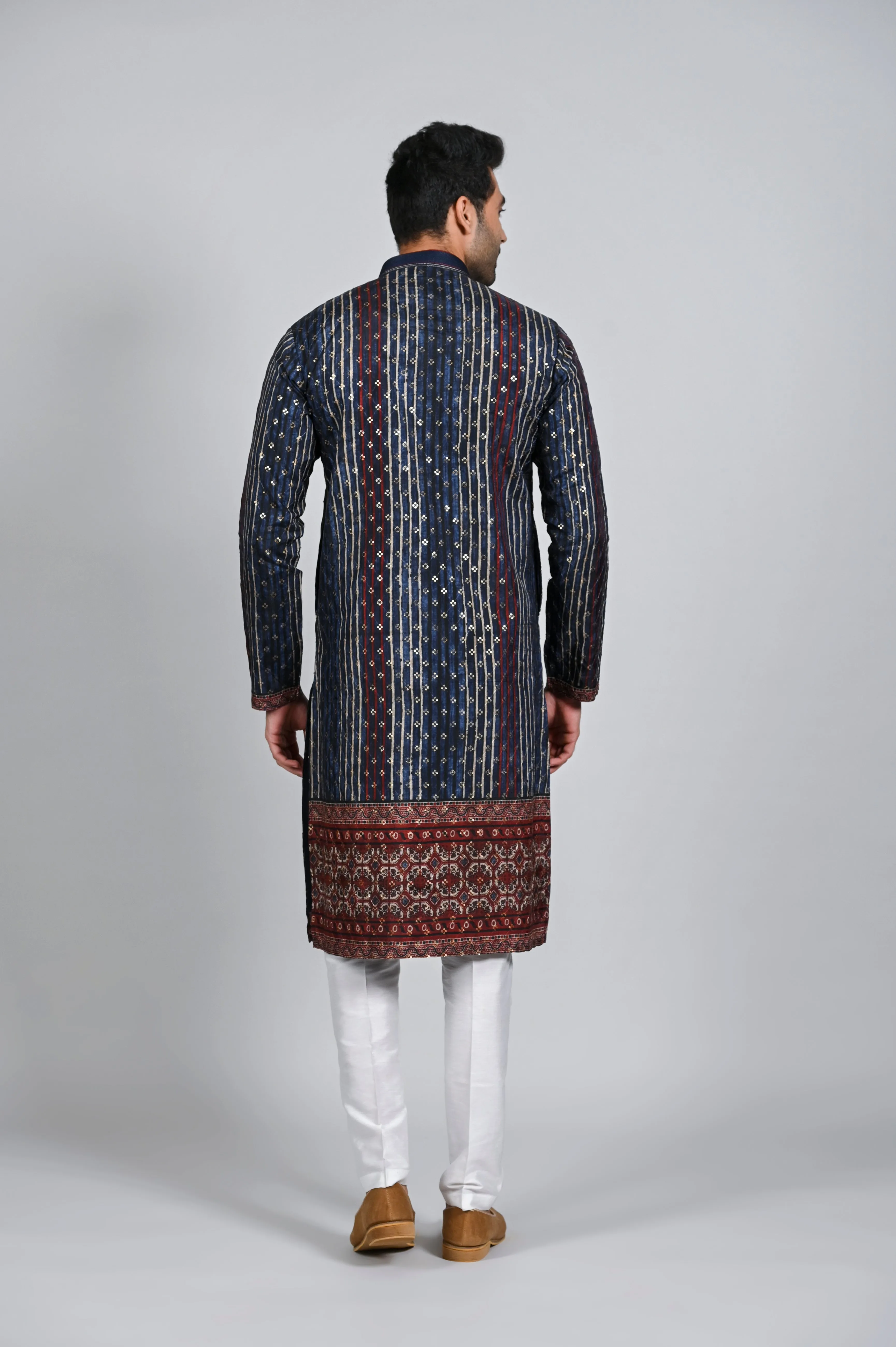 Blue Silk Kurta Pajama with Daman Print