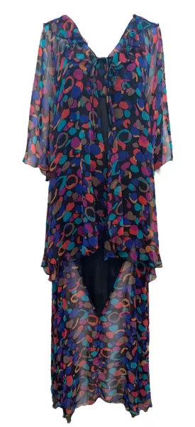 Bob Mackie Black Multicolor Print Two Piece Peignoir Set