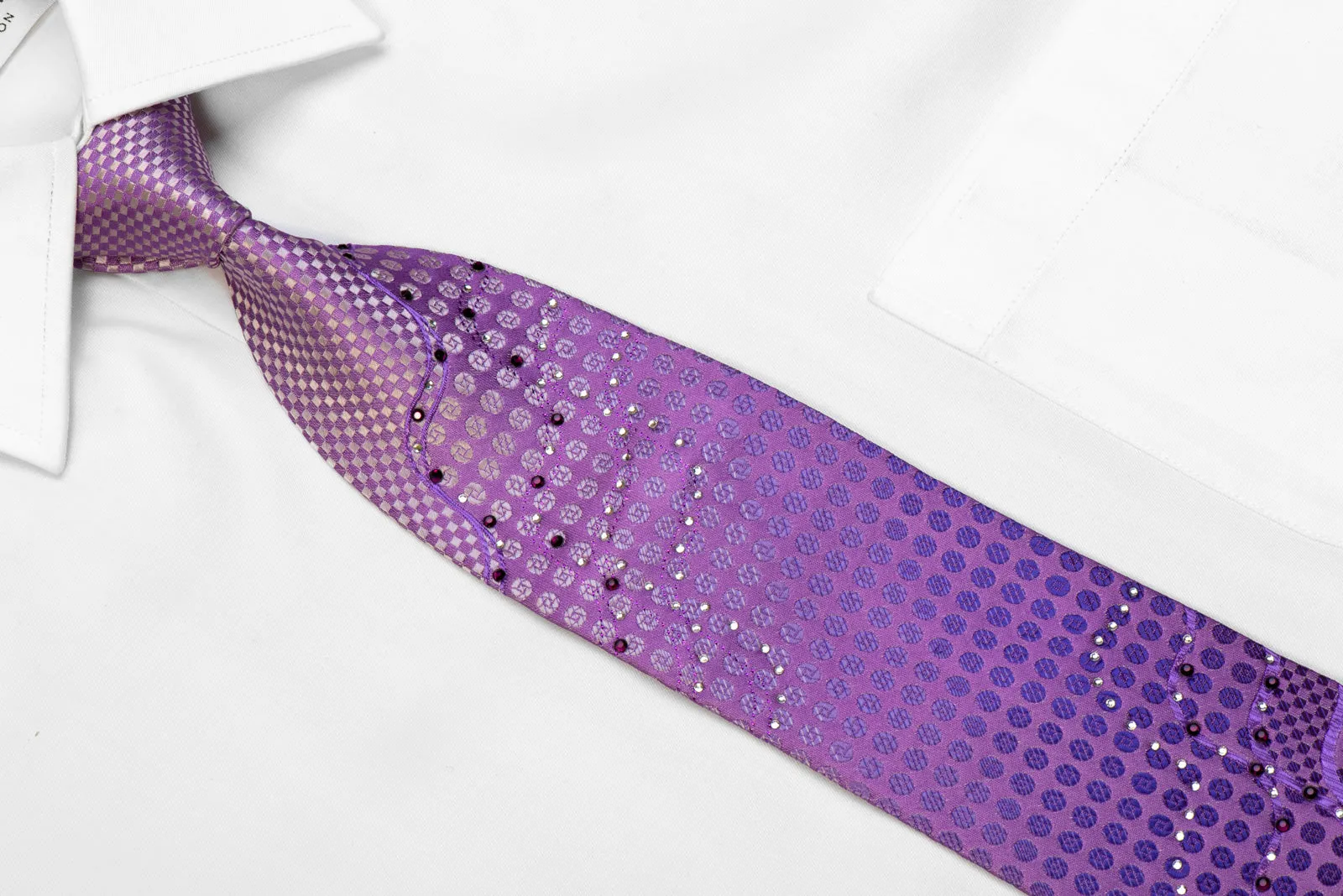 Brentwood Rhinestone Silk Tie Purple Silver Checker Dots With Sparkles