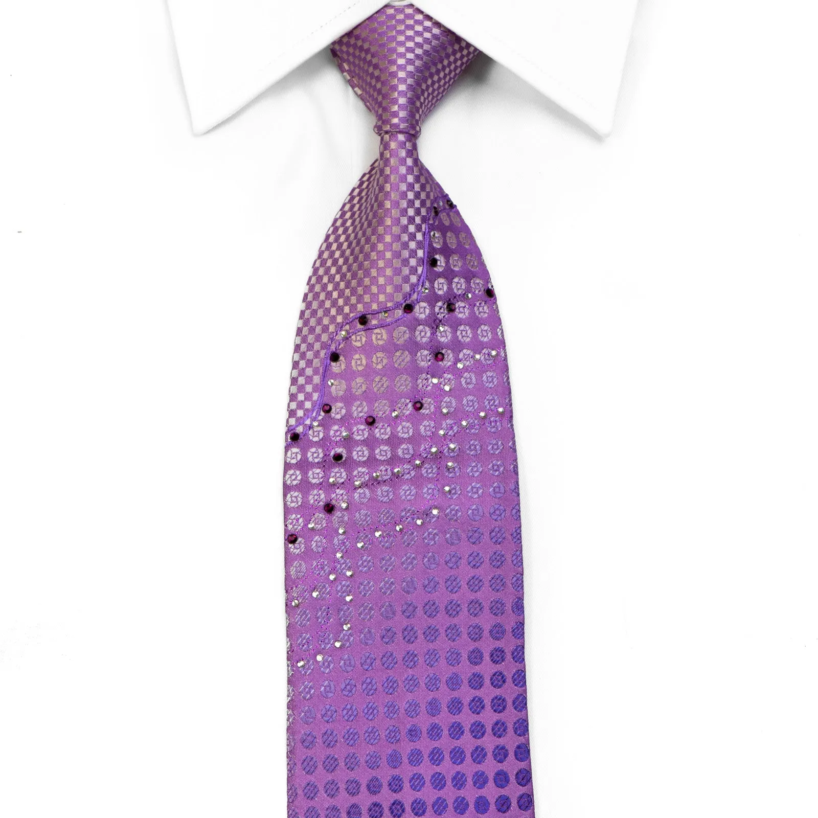 Brentwood Rhinestone Silk Tie Purple Silver Checker Dots With Sparkles