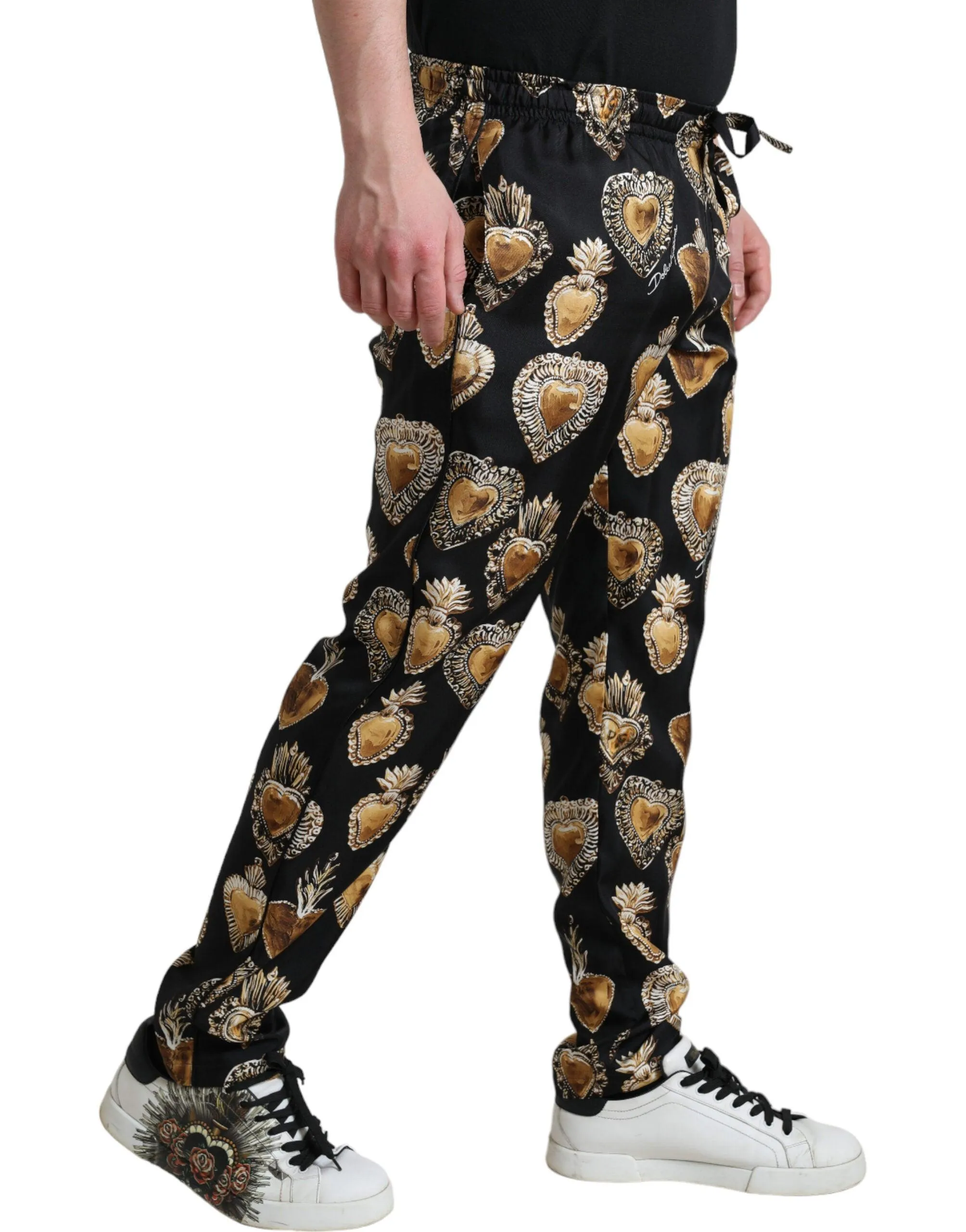 Dolce & Gabbana Black Heart Print Silk Men Pajama Pants