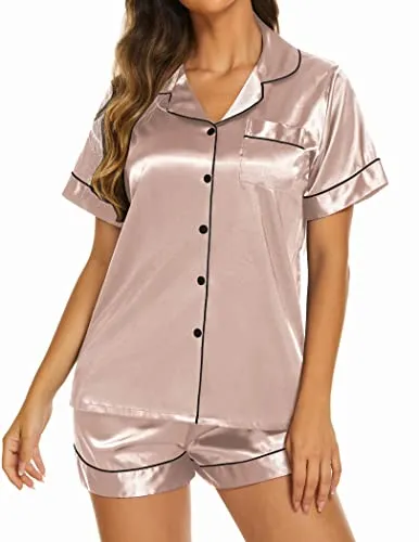 Ekouaer Silk Pjs Set Women's Comfy Button Up Pajamas Short Sleeve Sleeping Wear 2 Piece Lounge Shorts Set Champagne,S