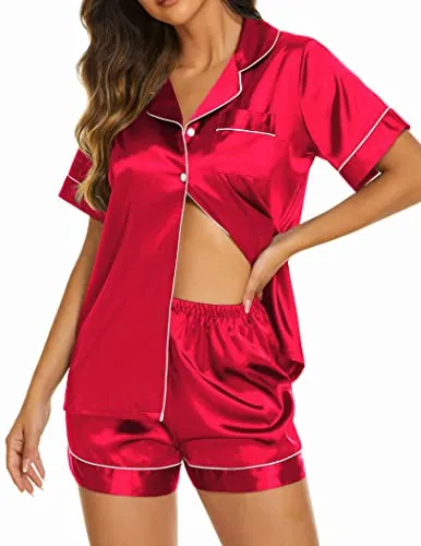 Ekouaer Silk Pjs Set Women's Comfy Button Up Pajamas Short Sleeve Sleeping Wear 2 Piece Lounge Shorts Set Champagne,S