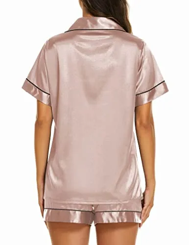 Ekouaer Silk Pjs Set Women's Comfy Button Up Pajamas Short Sleeve Sleeping Wear 2 Piece Lounge Shorts Set Champagne,S