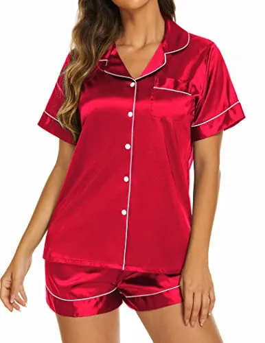 Ekouaer Silk Pjs Set Women's Comfy Button Up Pajamas Short Sleeve Sleeping Wear 2 Piece Lounge Shorts Set Champagne,S