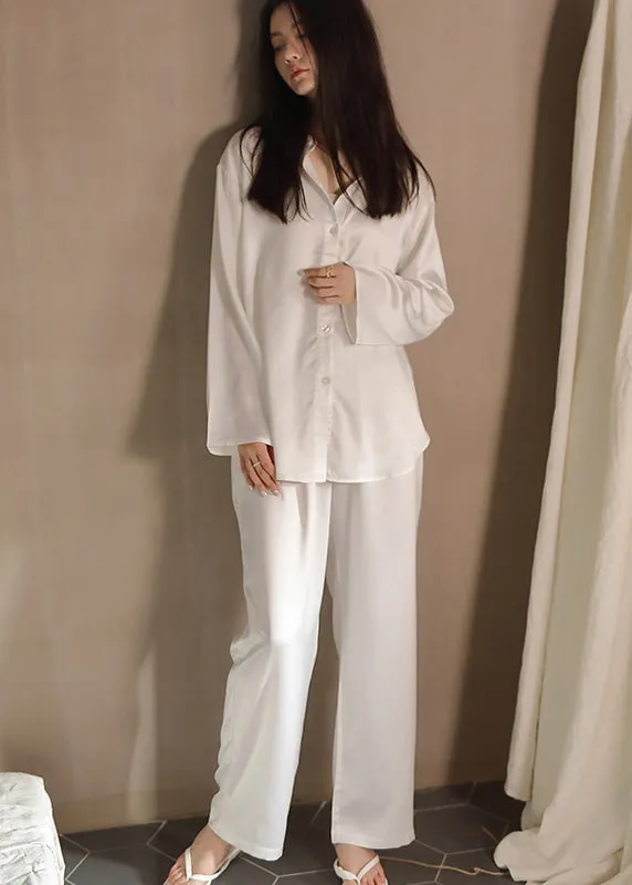 Elegant White Peter Pan Collar Button Solid Ice Silk Pajamas Two Piece Set Spring LY1907