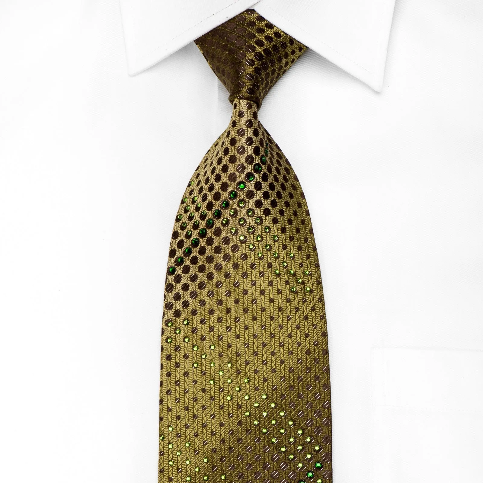 Elle Homme Men's Crystal Silk Tie Geometric Circles On Olive Green With Silver Sparkles