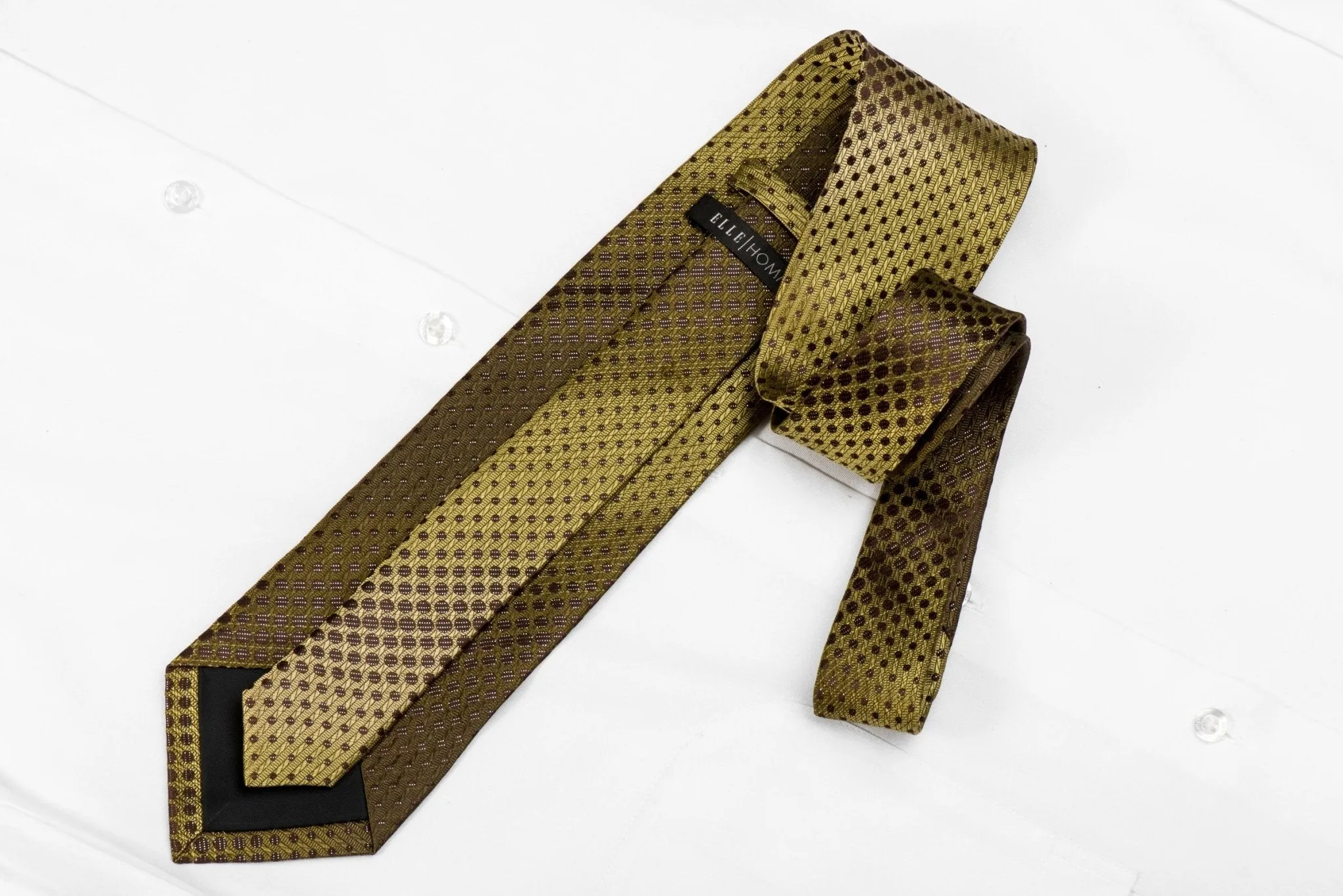 Elle Homme Men's Crystal Silk Tie Geometric Circles On Olive Green With Silver Sparkles