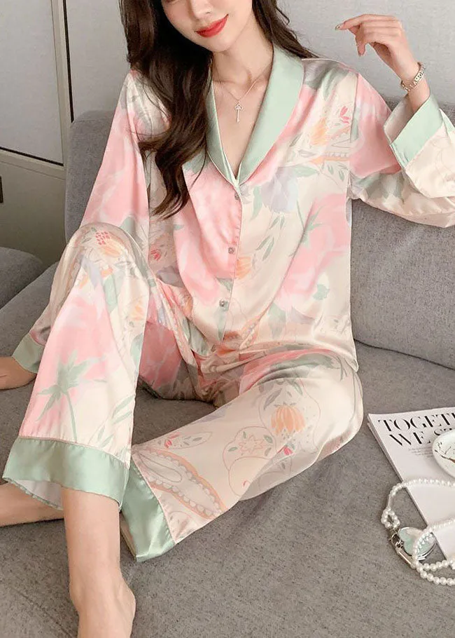 French Light Pink V Neck Patchwork Print Ice Silk Pajamas Two Pieces Set Spring