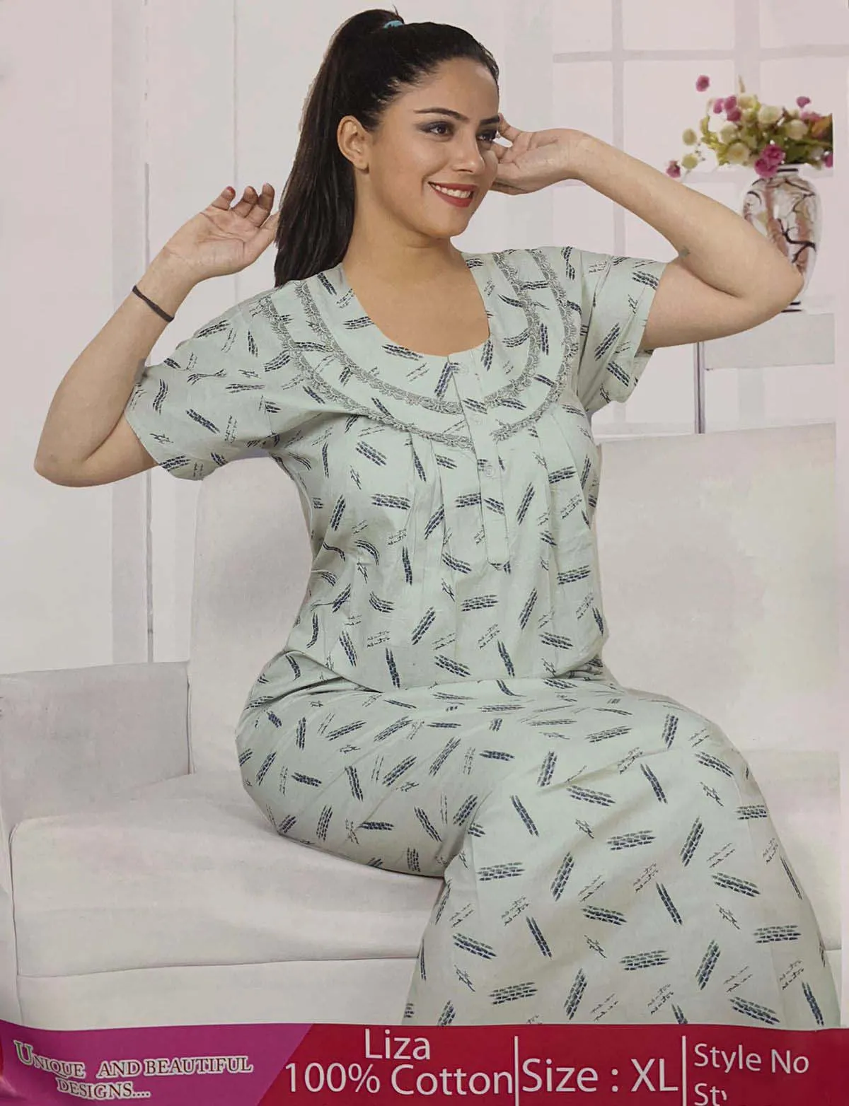 Green Printed Cotton Full Length Nighty for Women