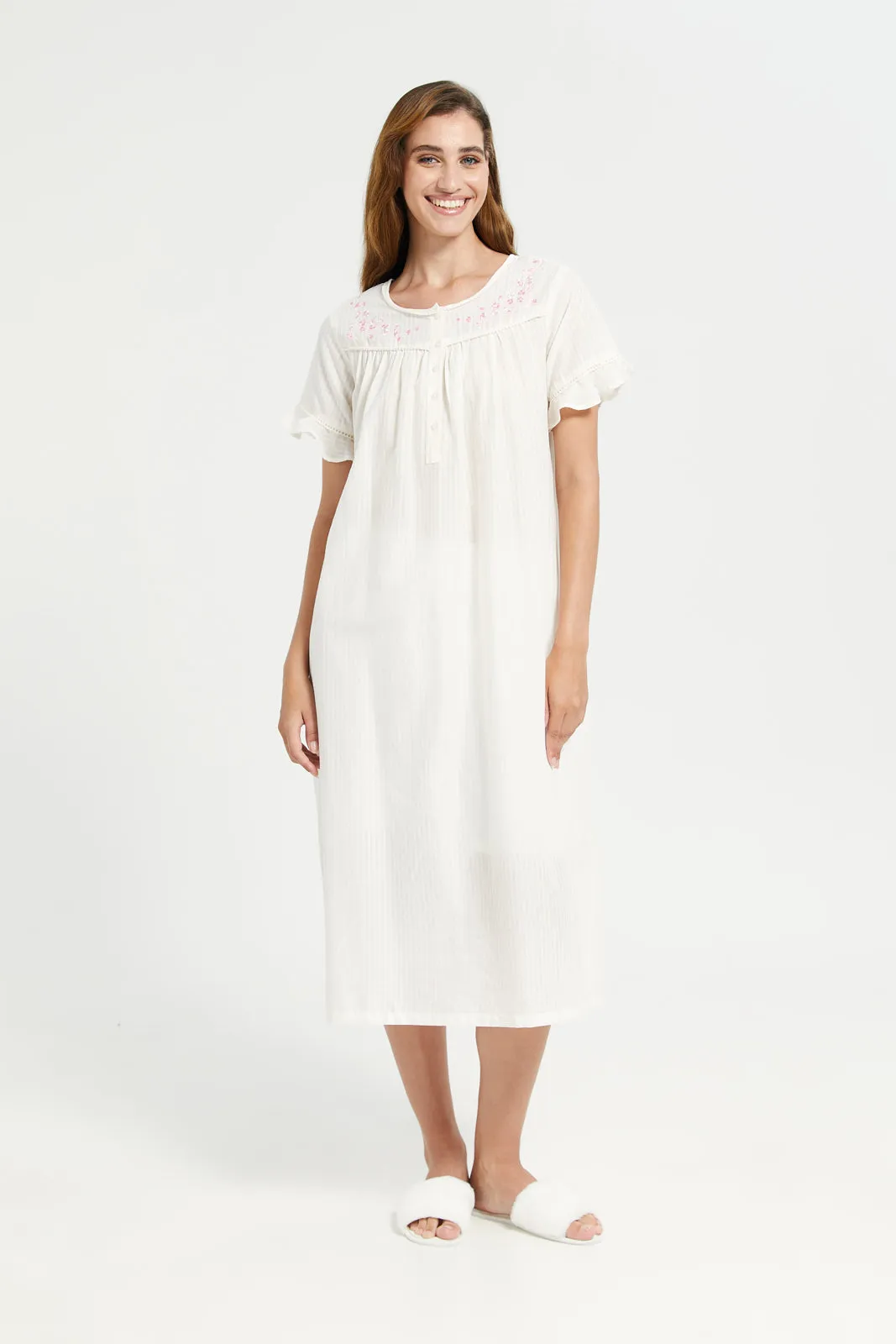 Ivory Embroidery Frill Sleeves Nightgown