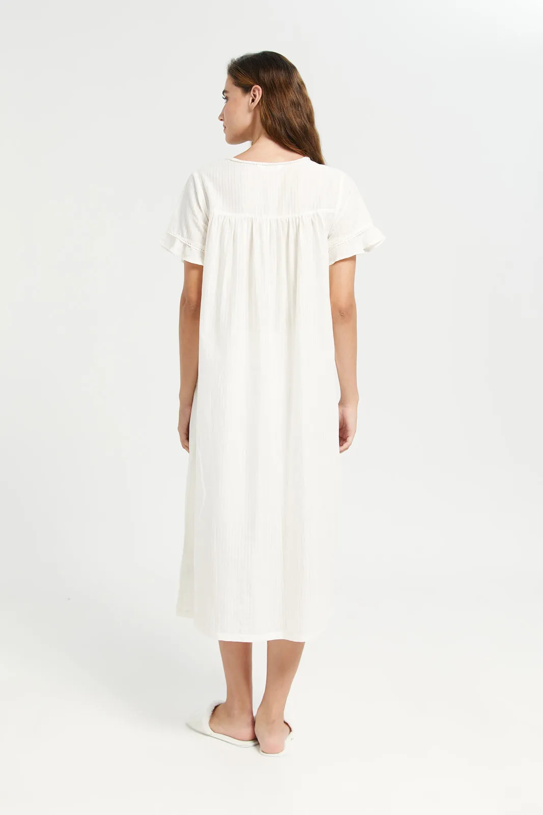 Ivory Embroidery Frill Sleeves Nightgown