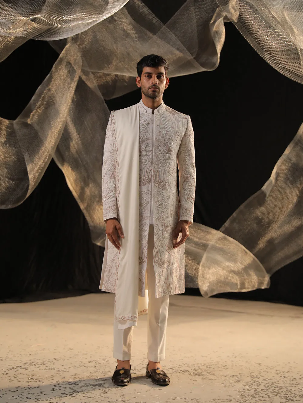 Ivory Sherwani With Bead Work And Zardozi