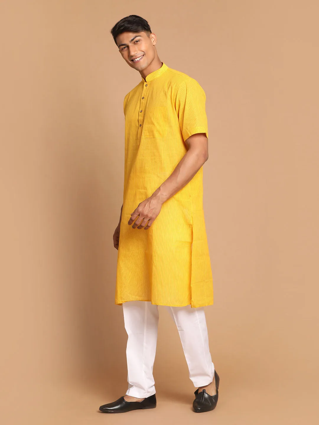 Jashvi Men's Yellow Striped Pure Cotton Kurta with Pant