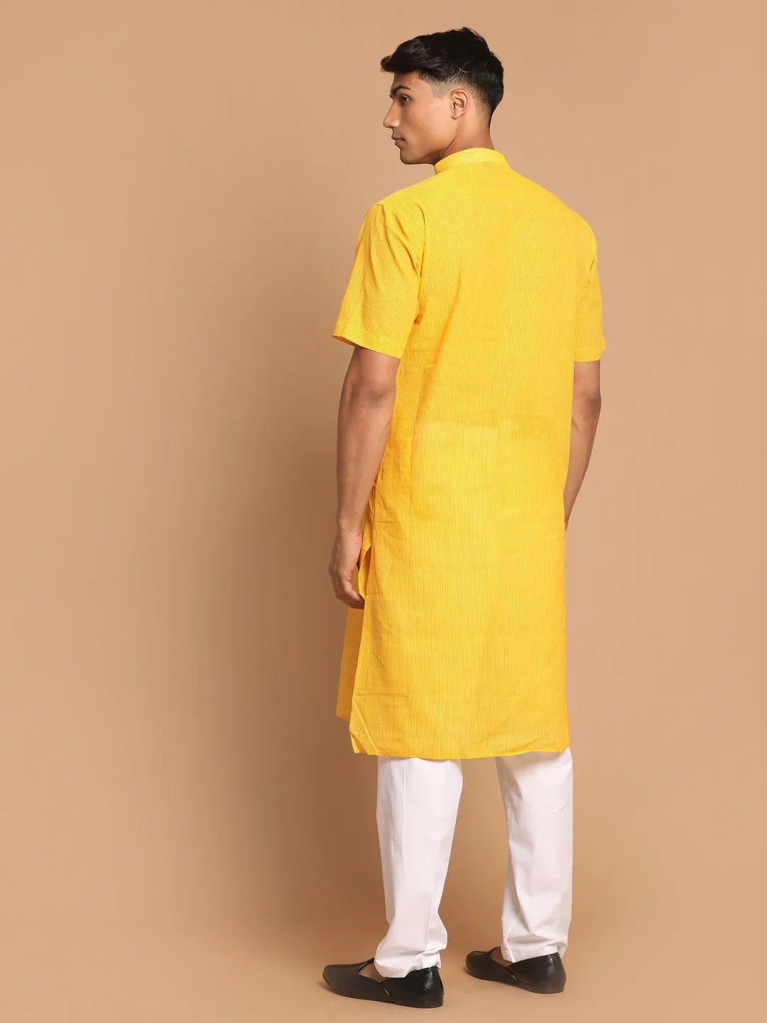 Jashvi Men's Yellow Striped Pure Cotton Kurta with Pant