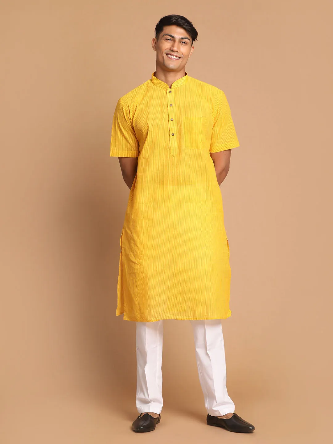 Jashvi Men's Yellow Striped Pure Cotton Kurta with Pant