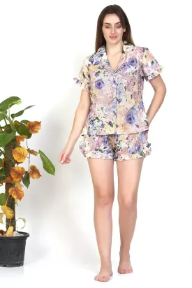 Lavender floral print Comfortable Front button open Shorts PJ sleep set