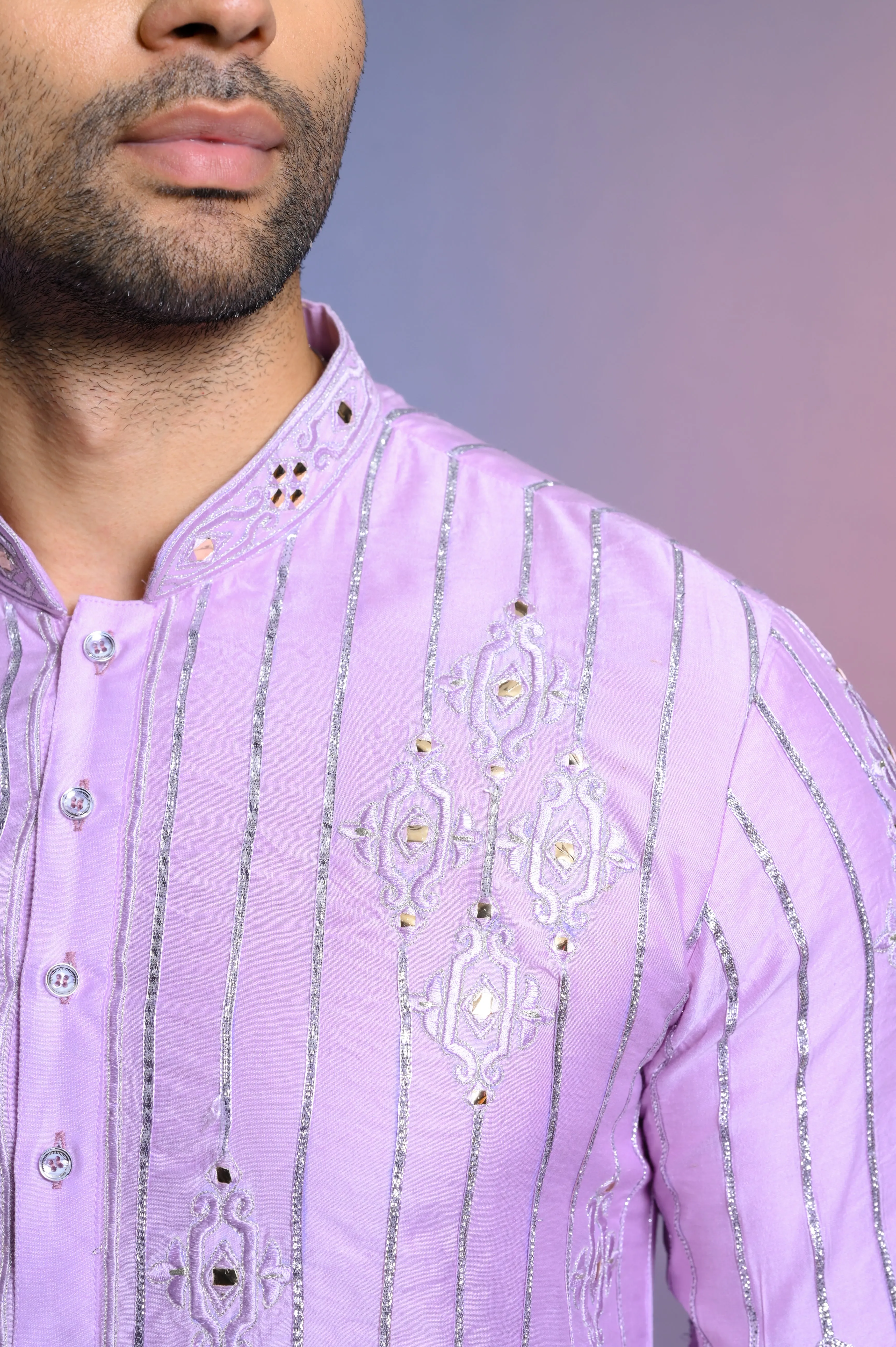 Lilac Pure Silk Kurta Set WIth Resham Work