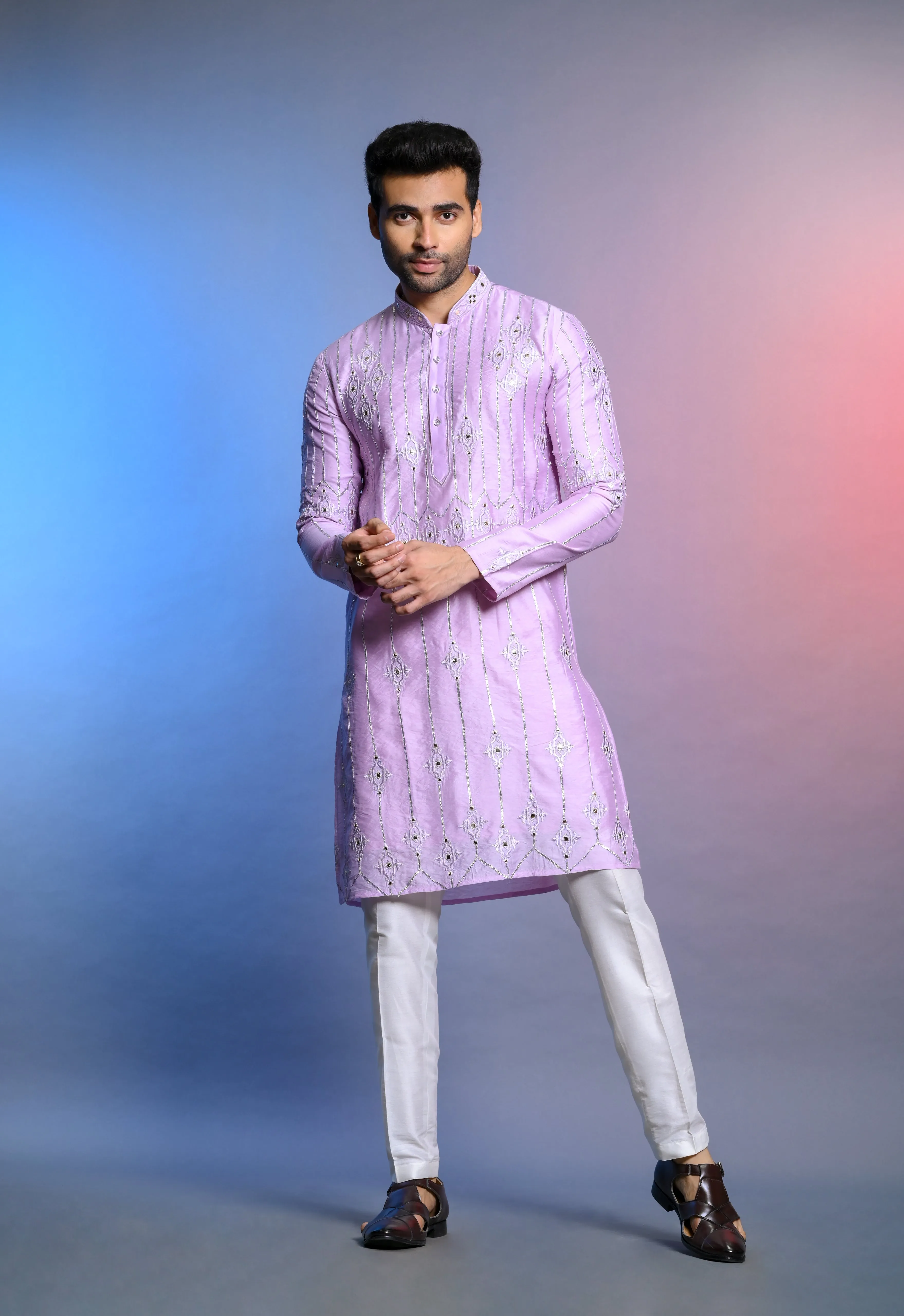 Lilac Pure Silk Kurta Set WIth Resham Work