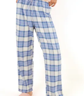 Long Checked Cotton Flannel Pajama Bottoms Blue