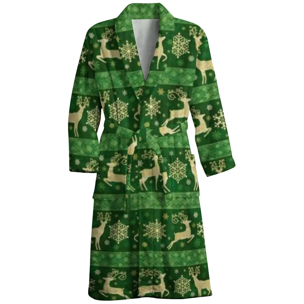 Mens Belt Christmas Deer Green Print Fleece Lounge Robe