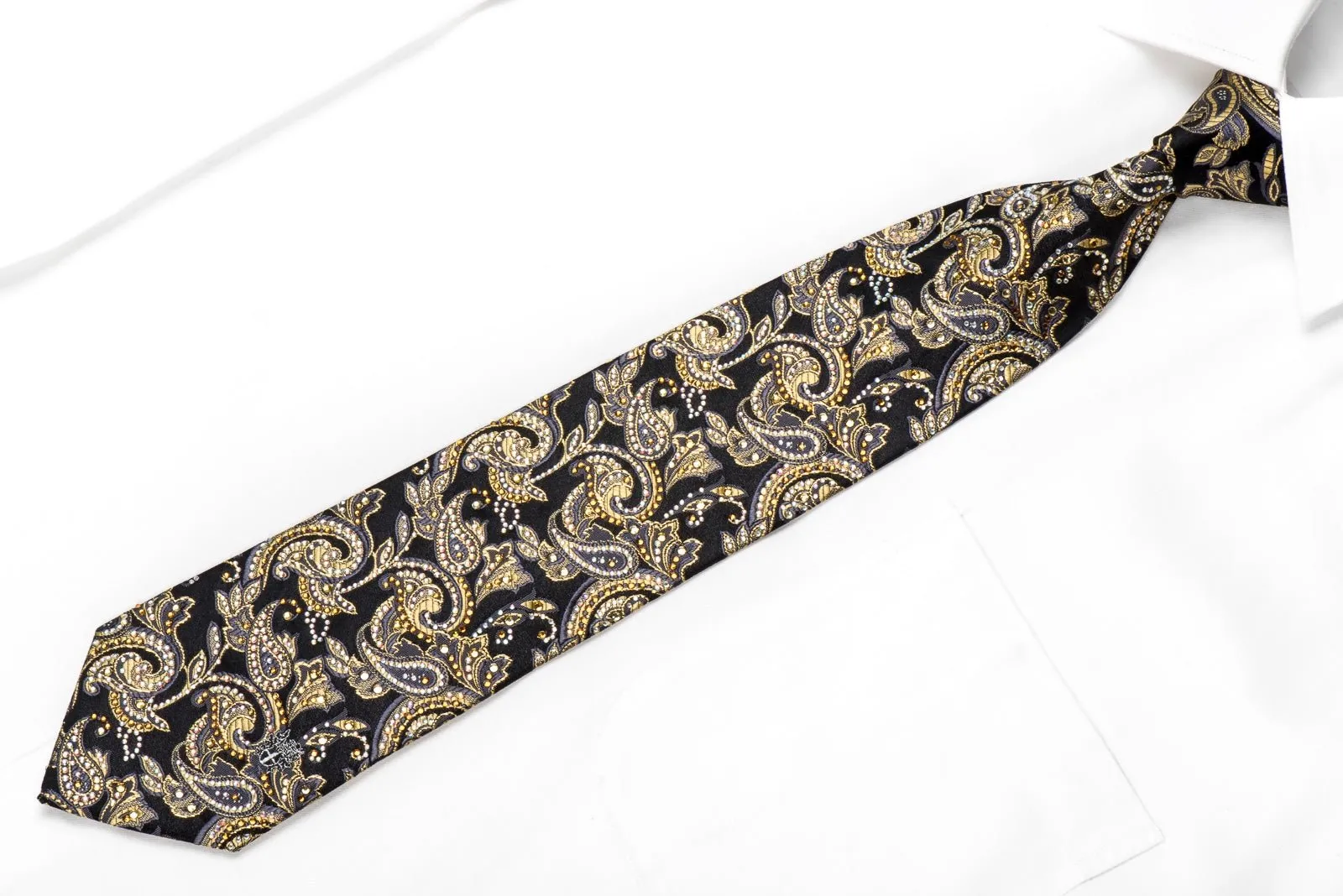 Men's Crystal Tie Gold Paisley Anthemion On Black With Gold Sparkles