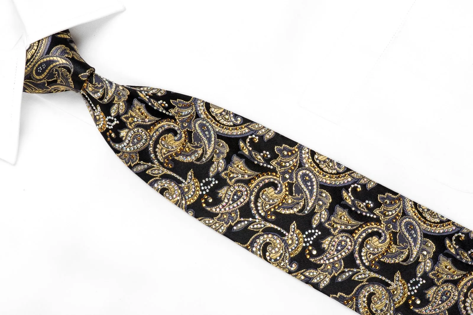 Men's Crystal Tie Gold Paisley Anthemion On Black With Gold Sparkles