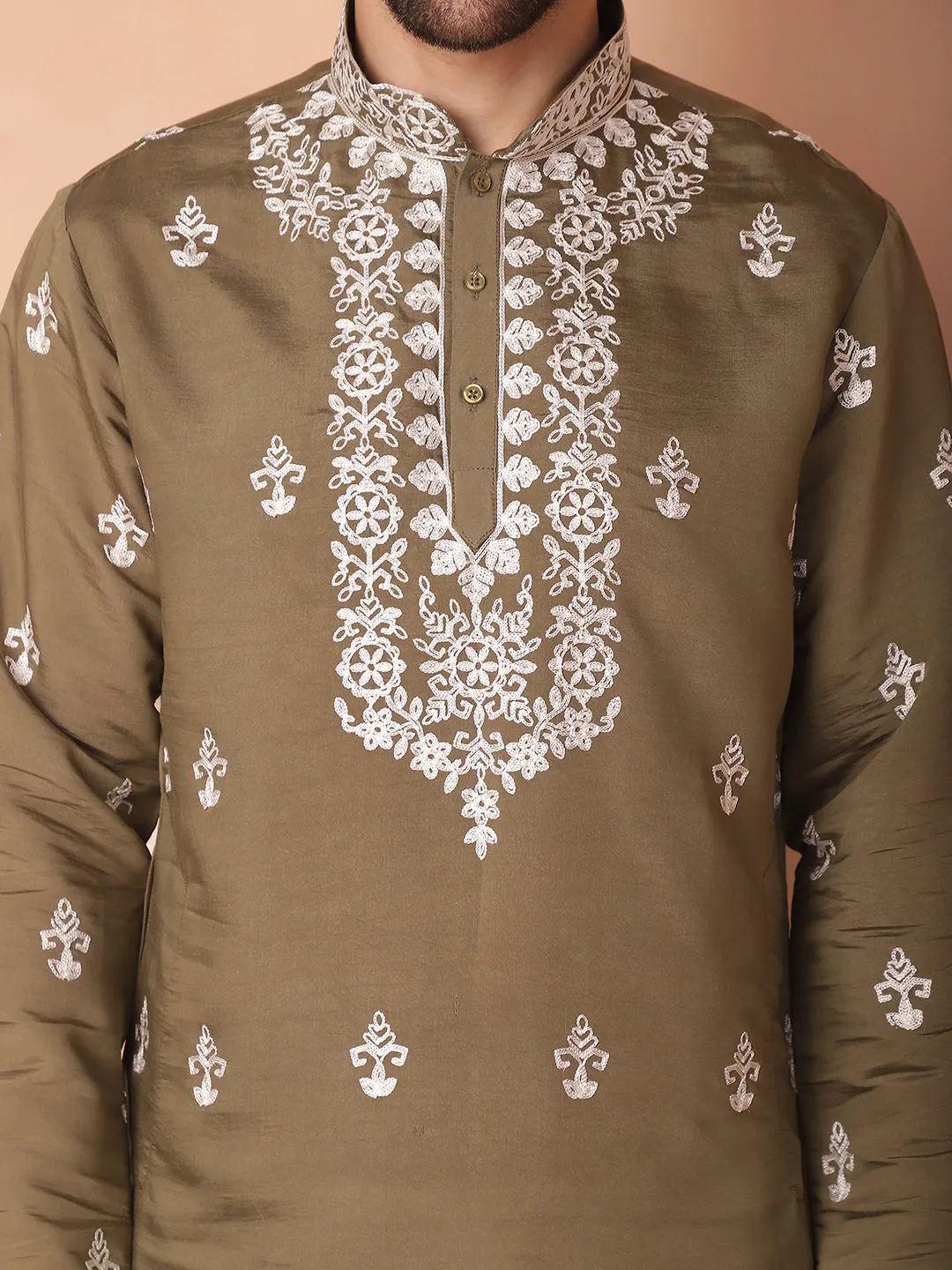 Men'S Olive Chikankari Embroidered Kurta With Pyjama