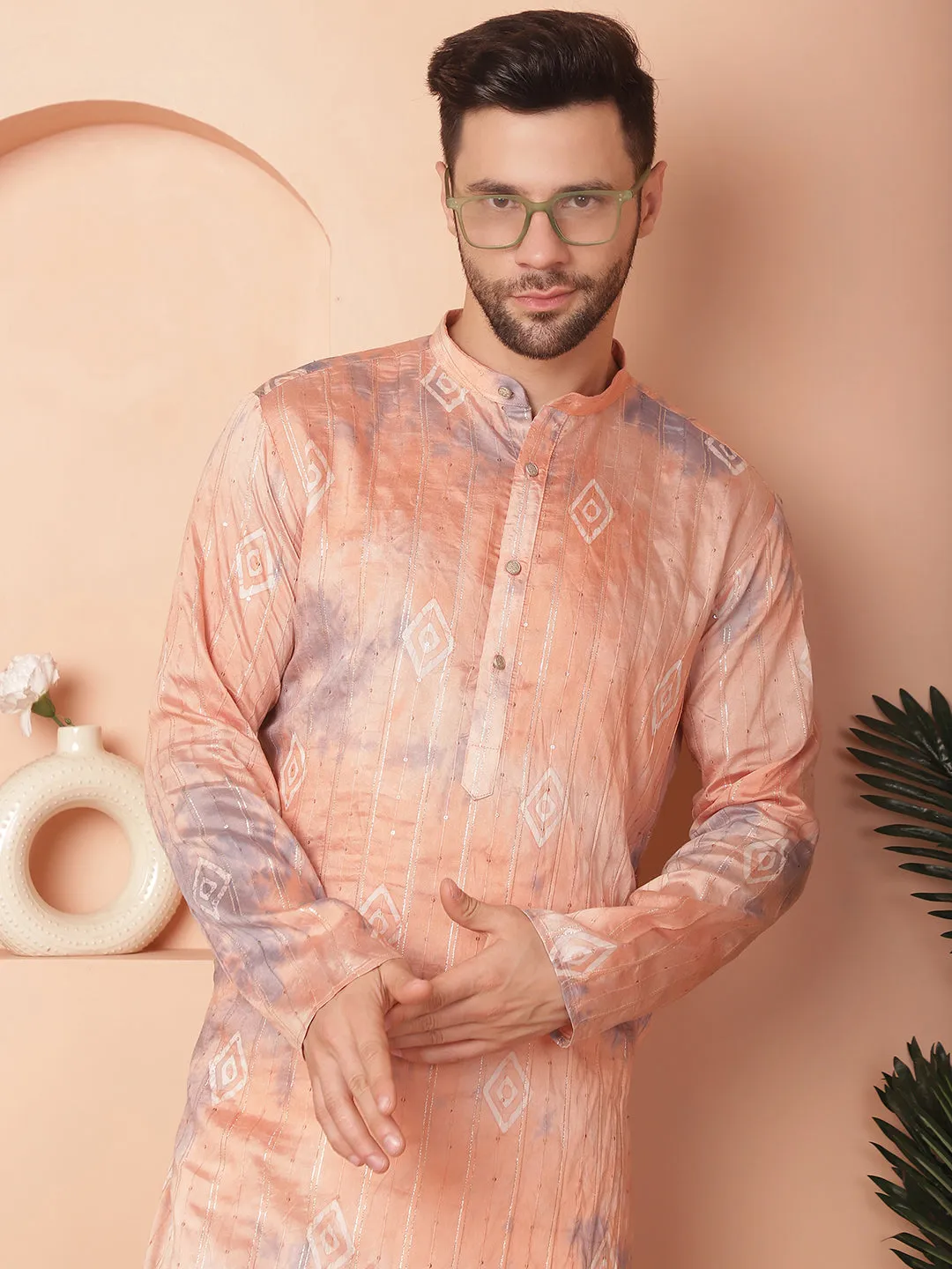 Men'S Peach Tei-Dye Printed Kurta Pyjama Set