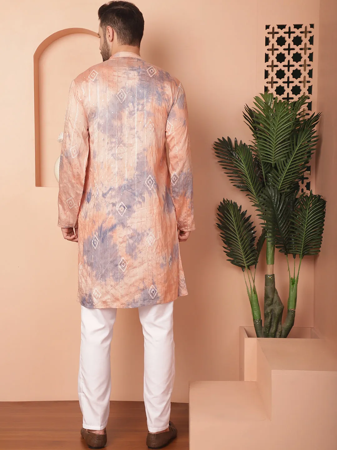 Men'S Peach Tei-Dye Printed Kurta Pyjama Set