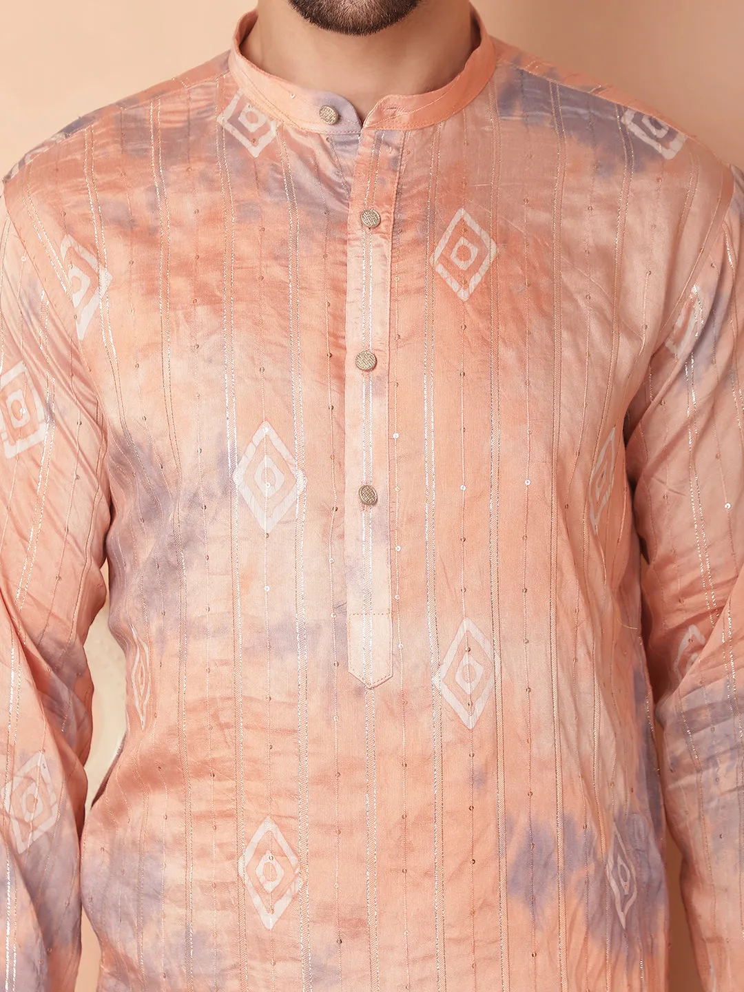 Men'S Peach Tei-Dye Printed Kurta Pyjama Set