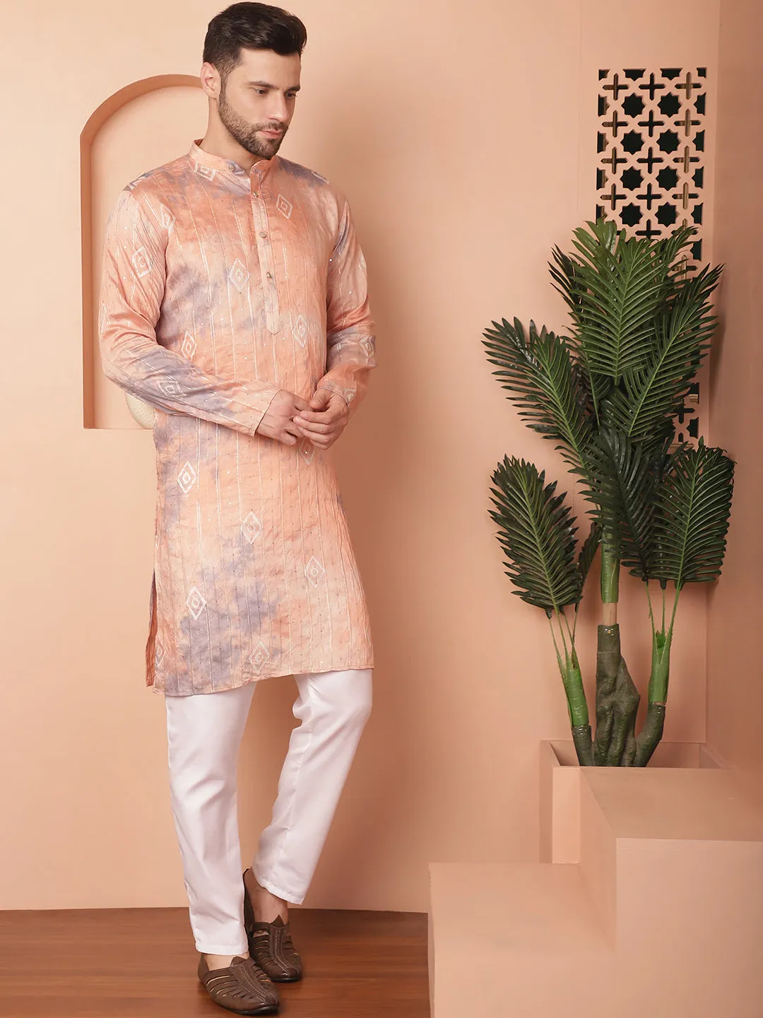 Men'S Peach Tei-Dye Printed Kurta Pyjama Set