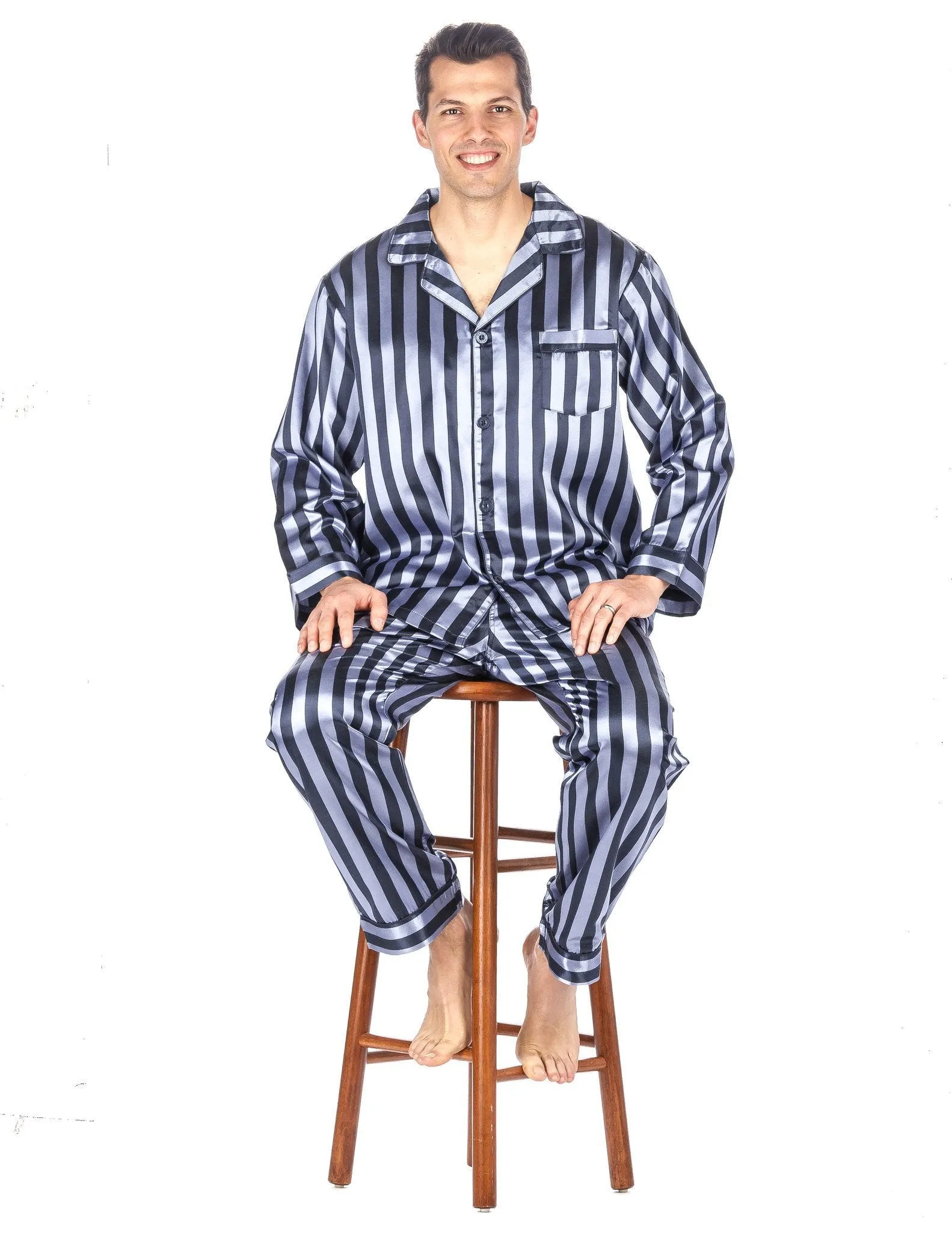 Men's Premium Satin Pajama Sleepwear Set - Denim Stripes