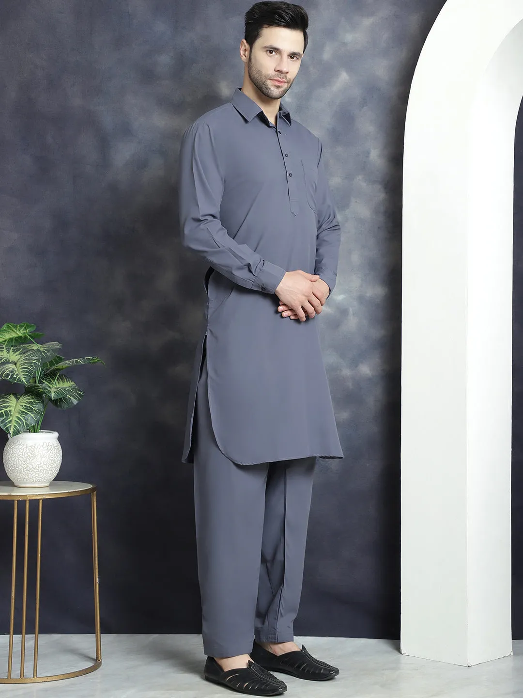 Men'S Solid Pathani Kurta With Salwar